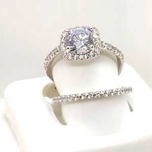 Women 925 Sterling Silver CZ round cut Bridal Wedding Engagement Ring Set size 7